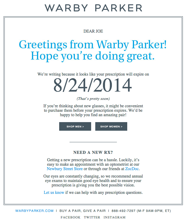 Beispiele herausragender E-Mail-Marketing-Kampagnen – Warby Parker