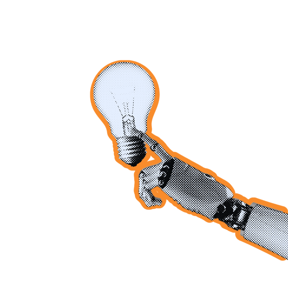 Robot hand pointing at a lightbulb.