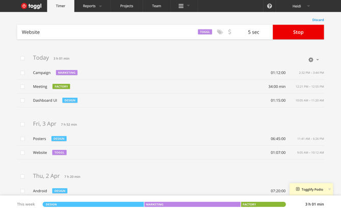 Toggl time tracking timer