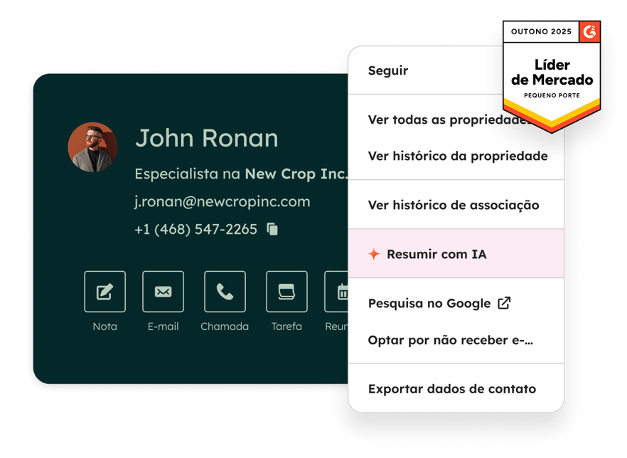 Um cartão de registro de contato na HubSpot mostrando informações de contato e várias ações que podem ser tomadas, como ligar, enviar e-mails, fazer anotações, visualizar o histórico da propriedade e resumir com IA. Também mostra que o CRM da HubSpot é vencedor do prêmio G2 como líder para pequenas empresas na primavera de 2025.