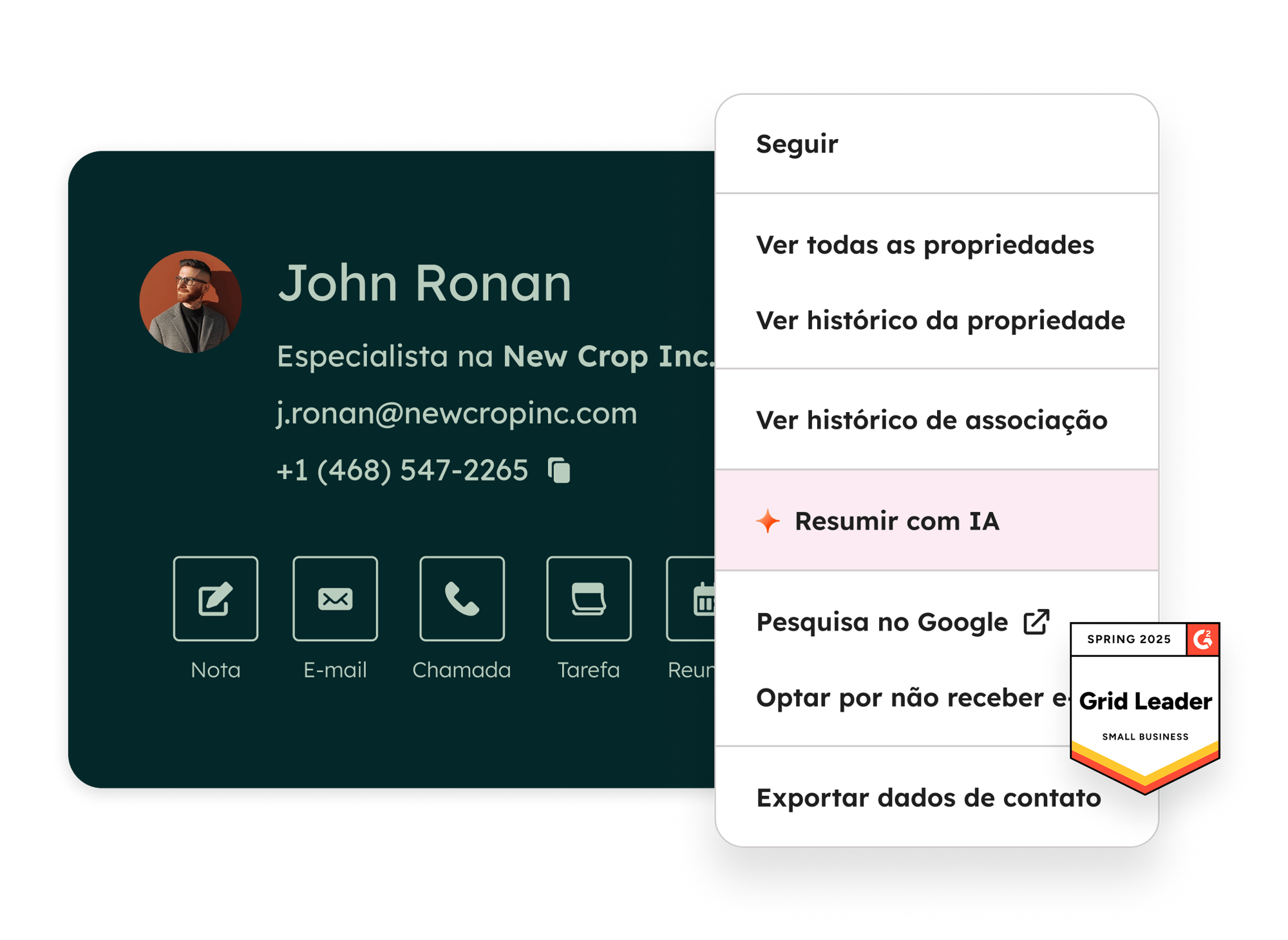 Um cartão de registro de contato na HubSpot mostrando informações de contato e várias ações que podem ser tomadas, como ligar, enviar e-mails, fazer anotações, visualizar o histórico da propriedade e resumir com IA. Também mostra que o CRM da HubSpot é vencedor do prêmio G2 como líder para pequenas empresas na primavera de 2025.