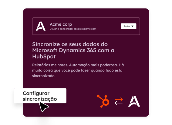 Imagem mostrando um usuário configurando a sincronização de dados entre uma ferramenta de terceiros, como o Microsoft Dynamics 365, para que os dados fluam entre o Microsoft Dynamics e a HubSpot.