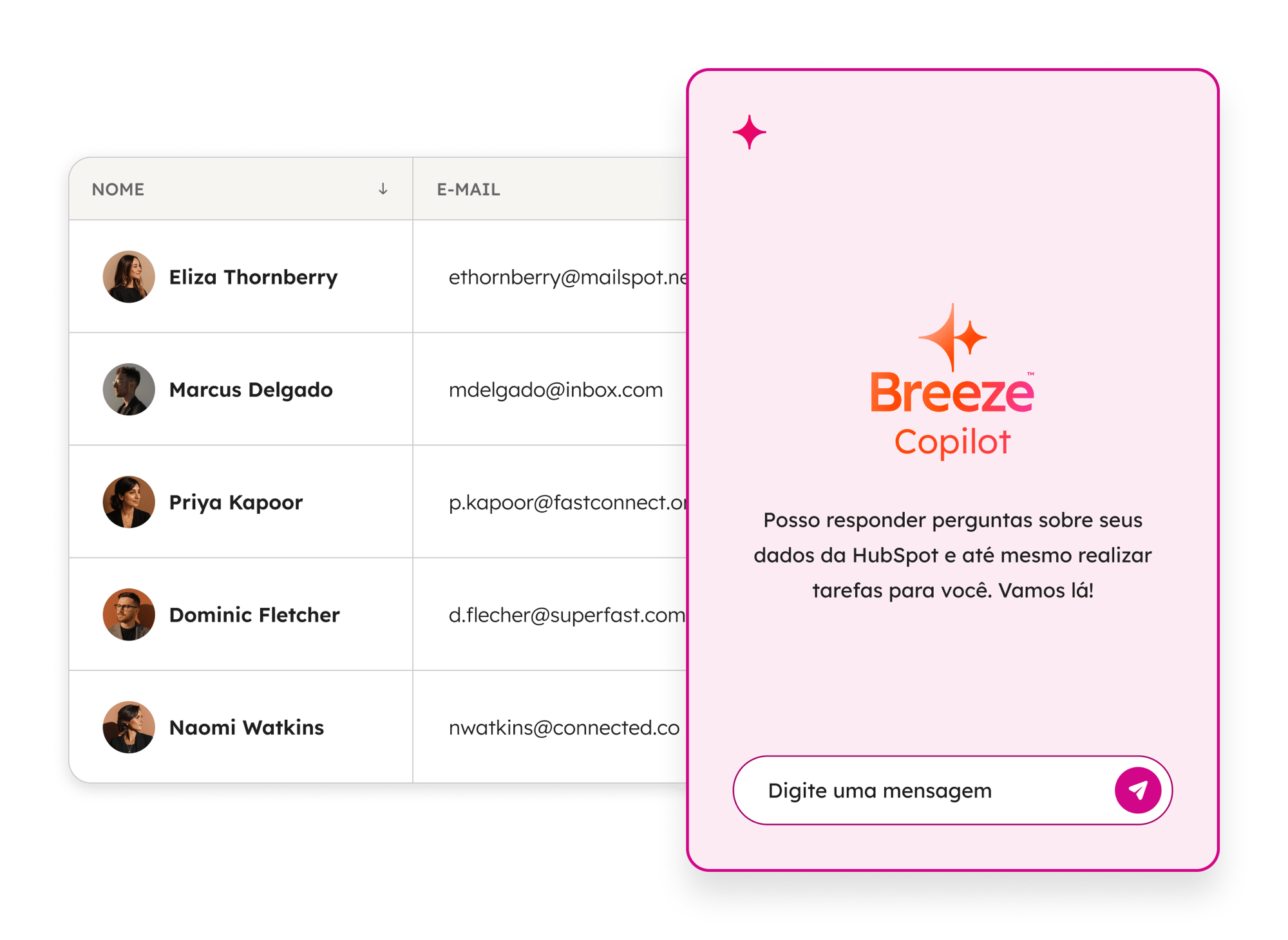 Imagem mostrando uma lista de contatos e seus e-mails no CRM da HubSpot, com o Breeze Copilot sobreposto com o prompt: 