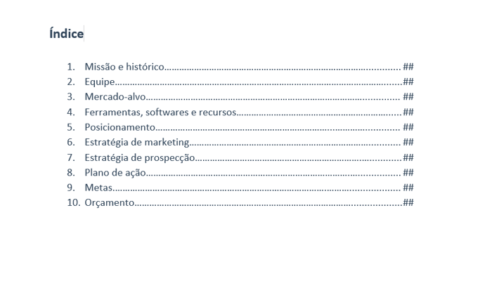 Modelo de plano de vendas - índice