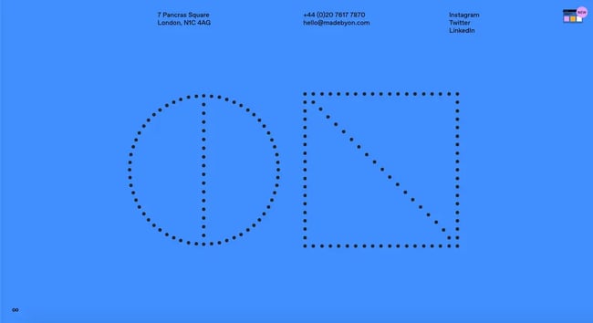 Minimalist website ON features a bit of black text against solid blue background