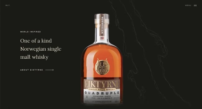 Minimalist ecommerce website Eiktyrne Whisky showcases whisky against dark background
