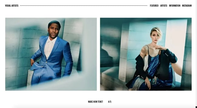 Visual Artists website has a minimalist design with bold black font and colorful images against a stark white background