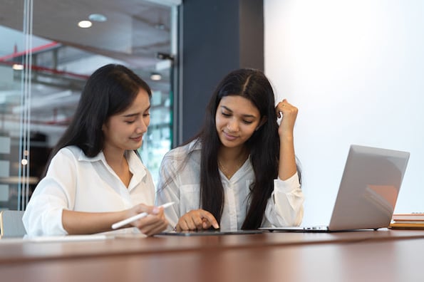 two gdpr wordpress theme developers using a laptop in an office