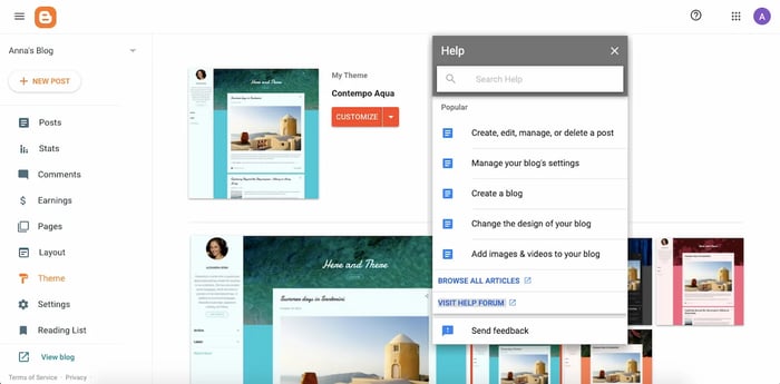 Support help menu in Blogger dashboard