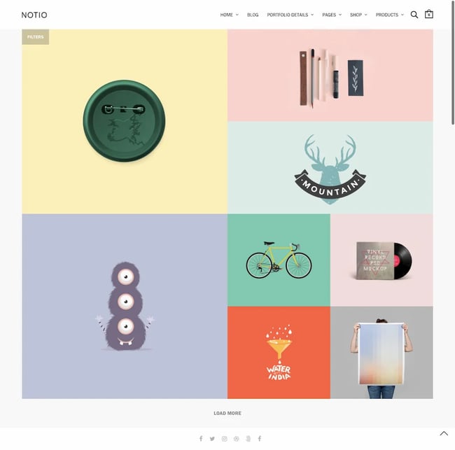 Notio themes masonry style 1 demo features colorful blocks and icons 