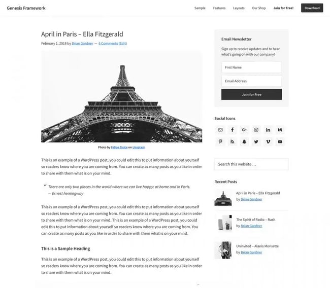 WordPress Starter Theme: Generic theme featuring an image of the Eiffel tower 