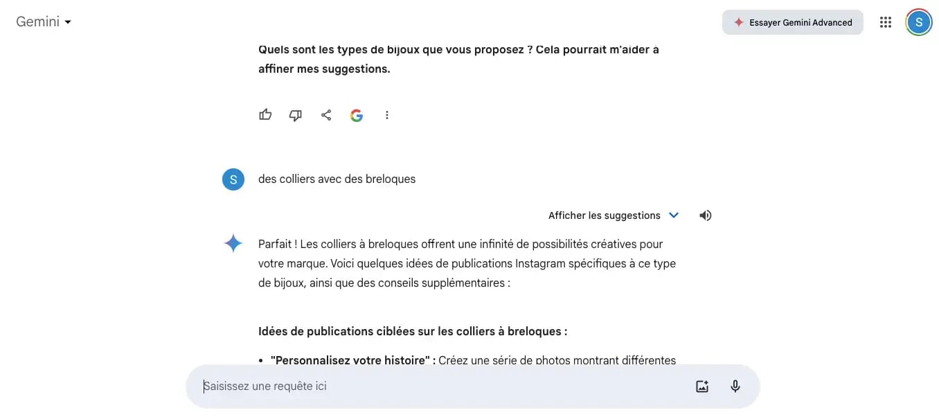 capture écran idée de publication par gemini