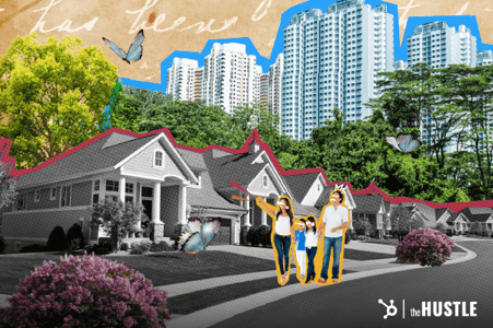 Sustainability in Business: A family walks down the street lined with houses and trees.