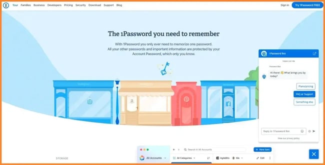 1Password homepage with ai chatbot