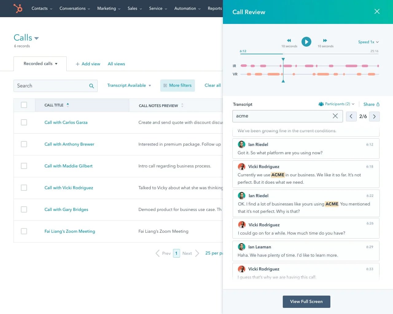 Call index - call review panel search for competitors