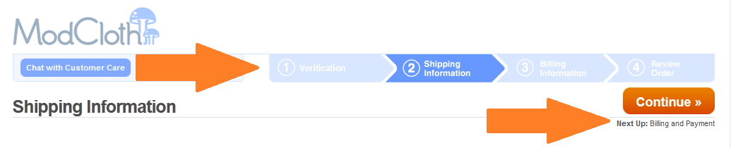 the registration steps for the checkout experience on ModCloth.com