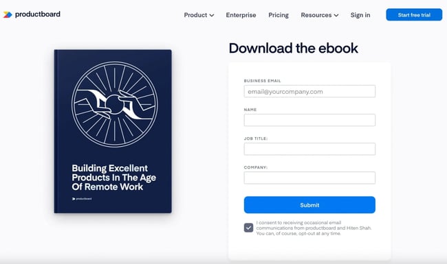 An opt-in form and landing page for Productboards ebook which is being used for email lead generation.