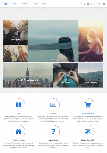 Peak WordPress thene with masonry grid of images