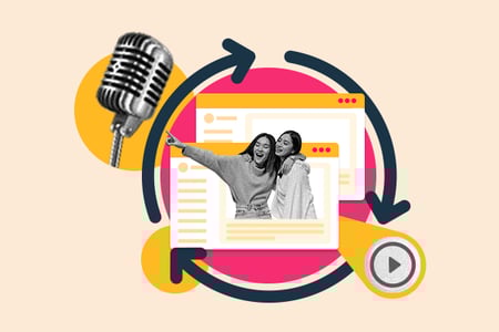 repurposing content examples: image shows two people in the center on a computer screen and a cycle around them 