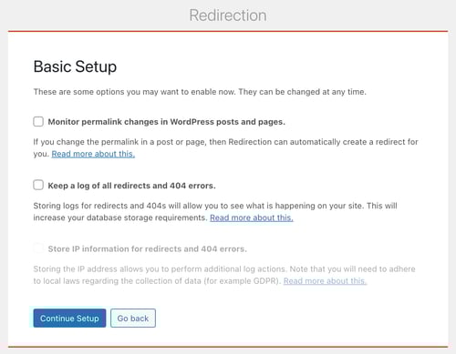 the basic setup menu in the redirection plugin  for adding 301 redirects in wordpress