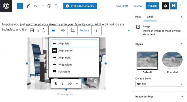 How to create blog WordPress: Align the image to the left, right, or venter with the align button in the WordPress blog menu box
