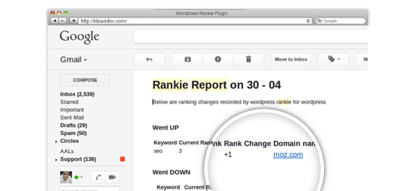 An opened email from Rankie reporting a change in the ranking position of "seo"