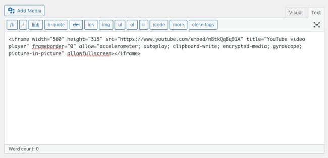 the classic text editor in wordpress containing iframe code