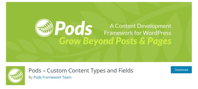 download page for the wordpress custom post type plugin pods