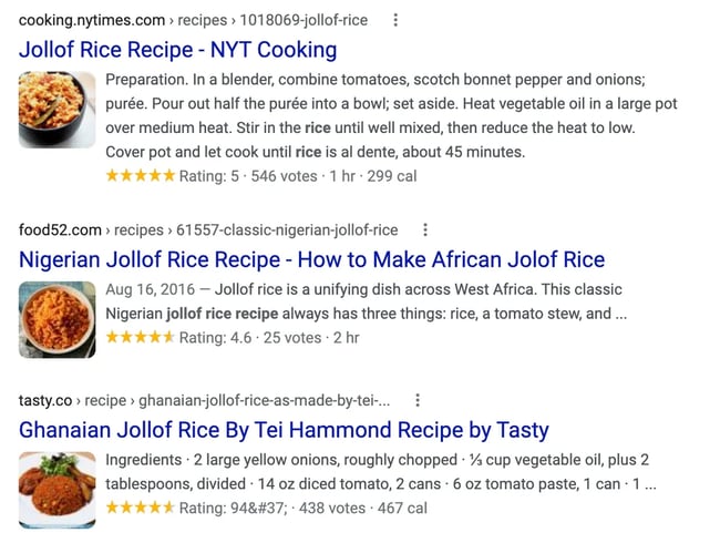 rich snippet SERP example of Jollof Rice Recipe