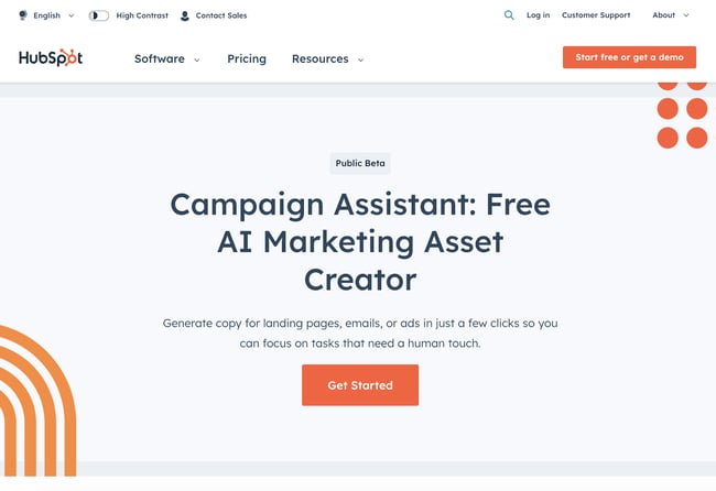 types of landing pages: get started landing page