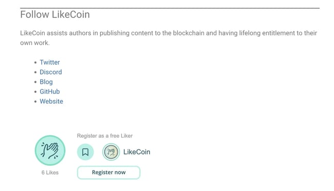 WordPress post with likes and CTA to register for a LikeCoin account 