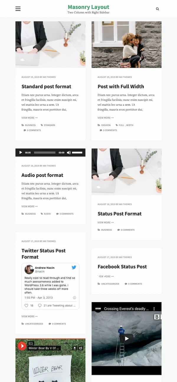 Masonry layout of Opus Masonry WordPress theme