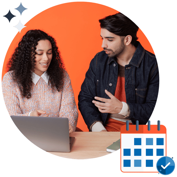 people at computer with calendar