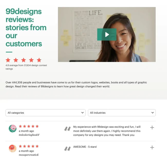 99 designs customer reviews, testimonial page examples