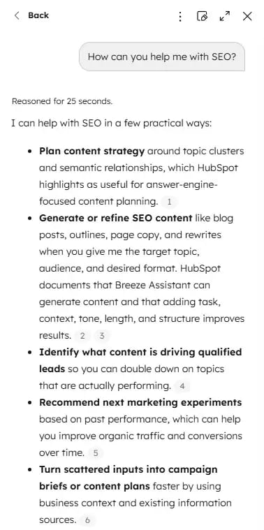 A conversation with Breeze showing how this enterprise-grade SEO AI tool can help with SEO.