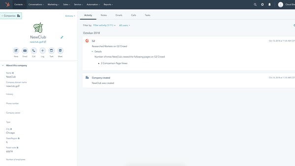 Screenshot of G2 integration in HubSpot