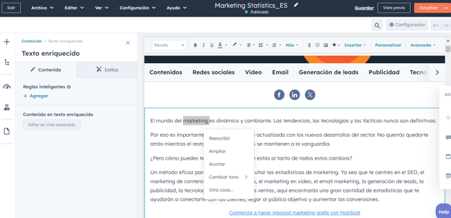 Editor de Content Hub con sugerencias de IA