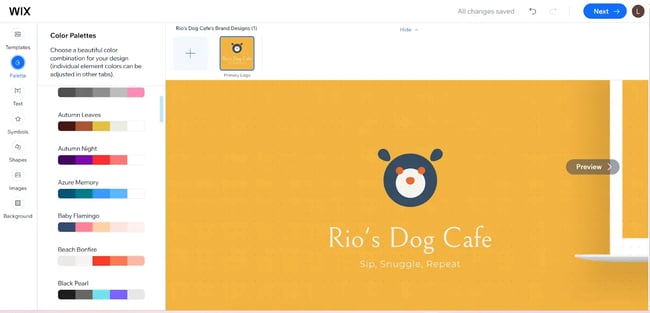 AI logo for dog cafe, wix AI logo editor interface