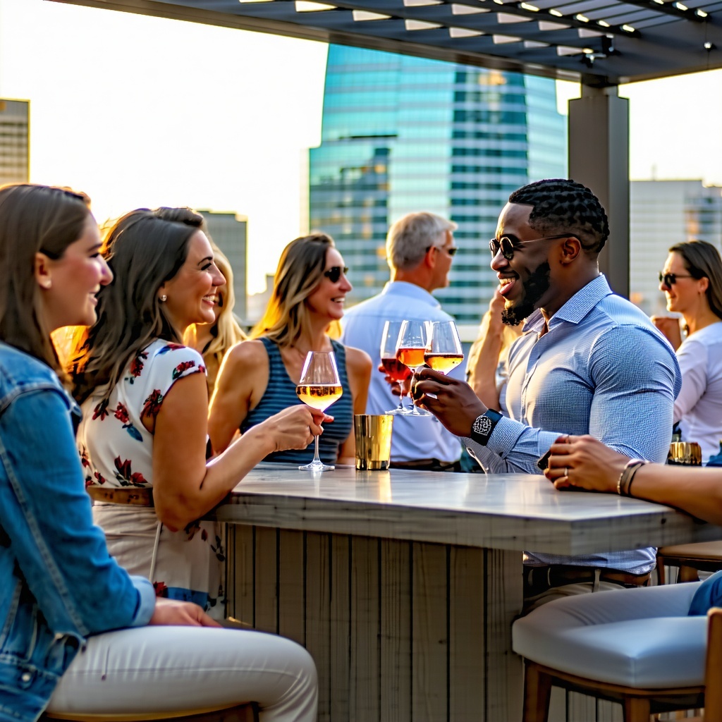 A diverse group of people enjoying drinks and conversation together on a modern rooftop patio, with a city skyline in the background. Everyone appears happy and engaged, creating a lively and welcoming atmosphere perfect for networking or social events.