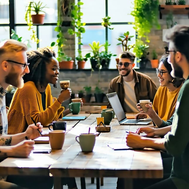 The image depicts a vibrant community gathering in a cozy caf filled with natural light A diverse group of professionals both men and women are seated around a large wooden table engaged in animated conversations Some are sipping coffee from stylish-3