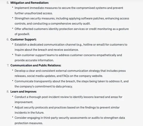AI in crisis management; asking ChatGPT to create an action plan for a customer data leak-2