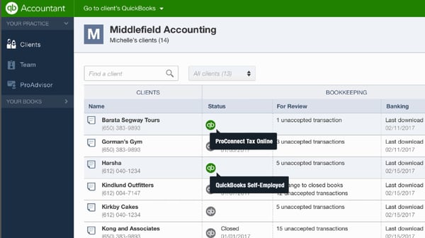 Accountant view on Quickbooks dashboard
