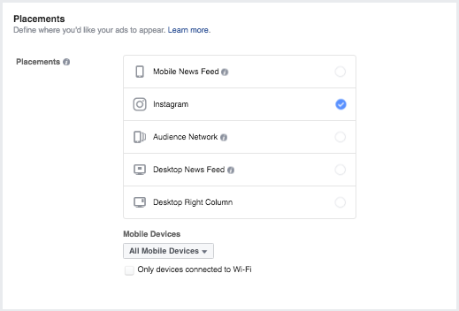 Instagram ad placement options.