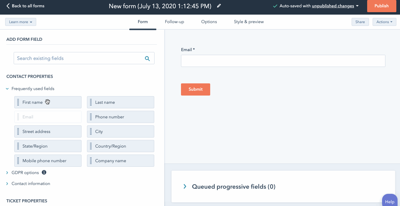 Adding fields in HubSpot form builder