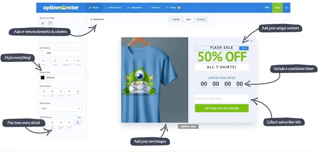 An explainer screenshot of the OptinMonster builder interface