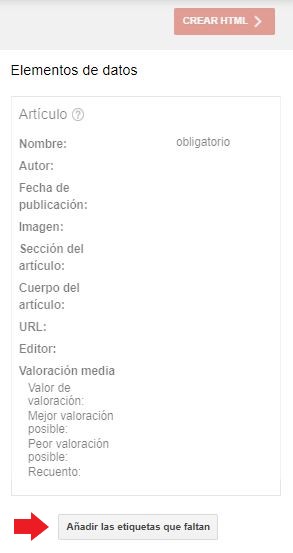 Añadir etiquetas faltantes en el Asistente de marcado de Google