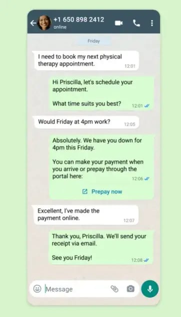 Annotated screenshot shows a business and customer using the social media messaging app, WhatsApp, for customer service.