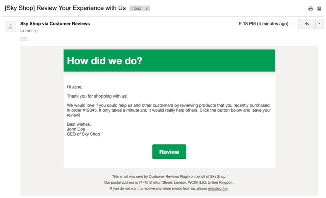 Best WooCommerce plugin: Automated invite to customer to submit review via Customer reviews for WooCommerce plugin (2)