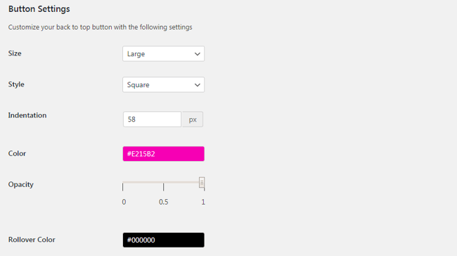 Beam me up Scotty plugin settings for back to top button for WordPress