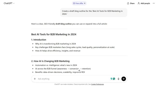 Blog outline generated by ChatGPT, AI tools for B2B Marketing